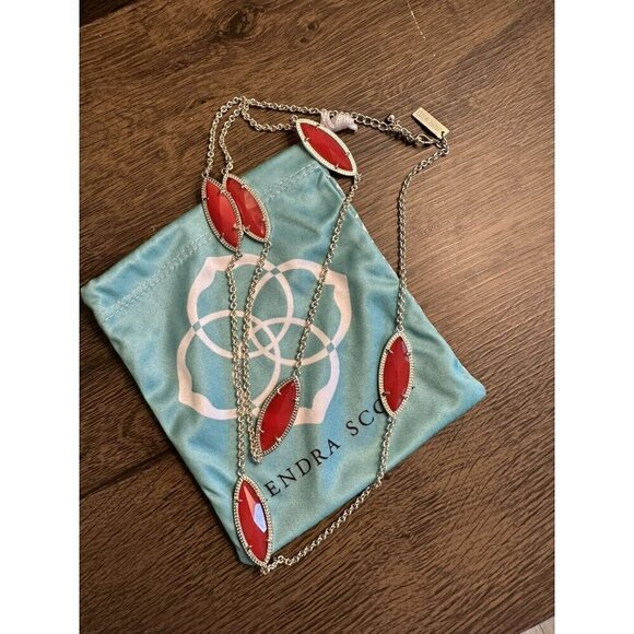 Kendra Scott Tory Marquis Station Long Necklace Gold Translucent Red Stones - Picture 1 of 5